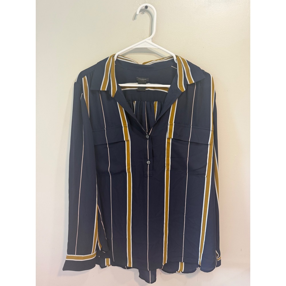 Ann Taylor Factory Navy Mustard Striped Henley Blouse XL Long Sleeve Pocket Top